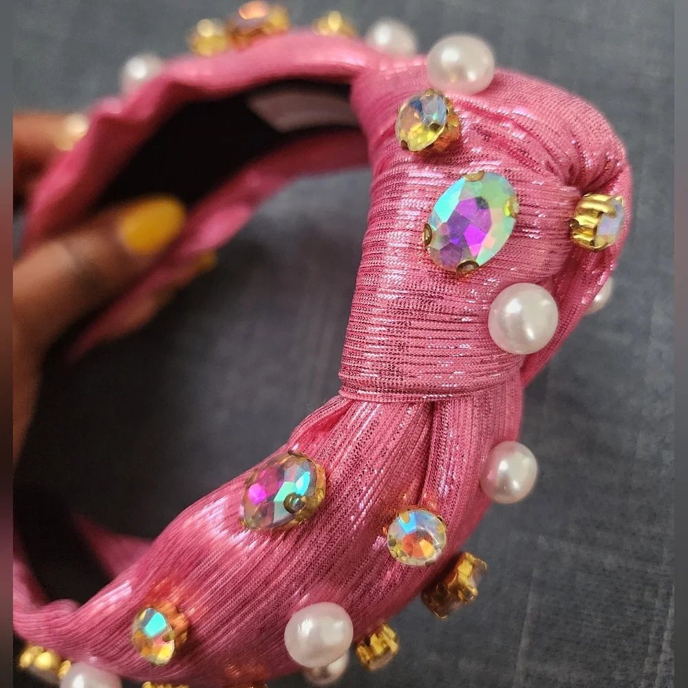 Valois Designs Pink Embellished Headband Wide Padded Rhinestone Pearl Statement